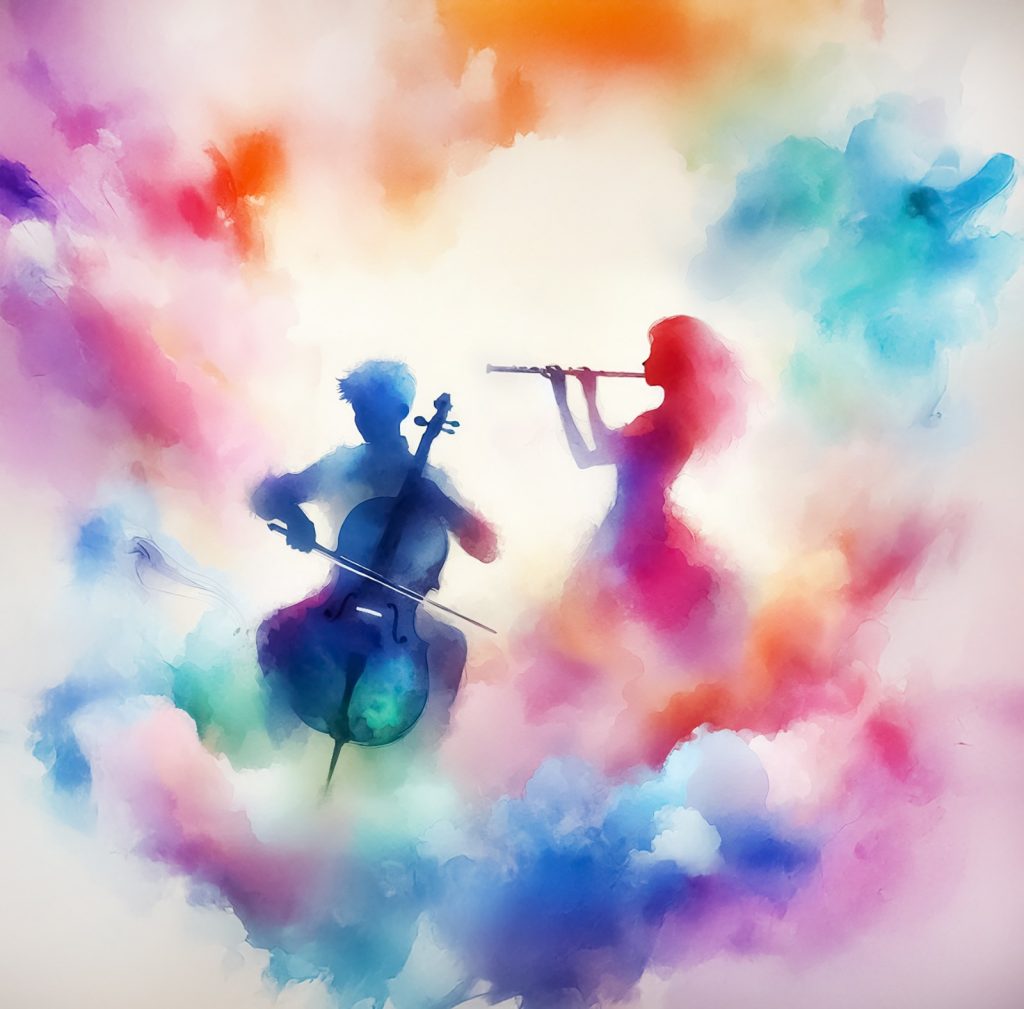 postaci wiolonczelisty flecistki grający w duecie pośród kolorowych chmur